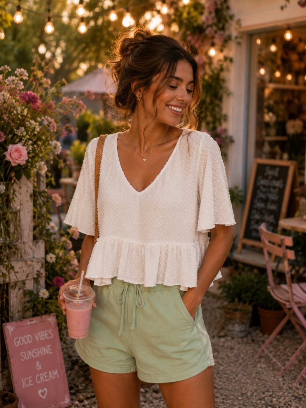 ILLA ILLA Womens Top SM White Ruffled Tiered Blouse BoHo Chic Crop Baggy Boxy